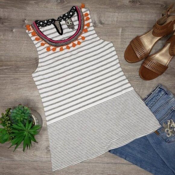 One September Anthropologie Striped Sleeveless Top With Pom Pom Trim embellished - Picture 1 of 8